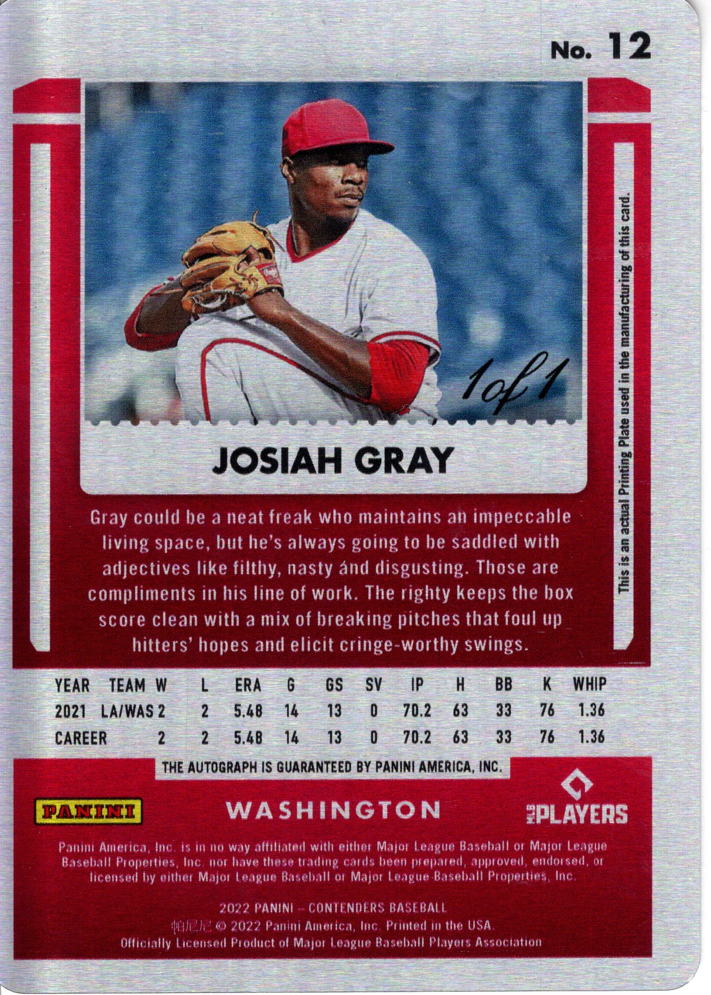 2022 Contenders Josiah Gray Print Plate 1 of 1