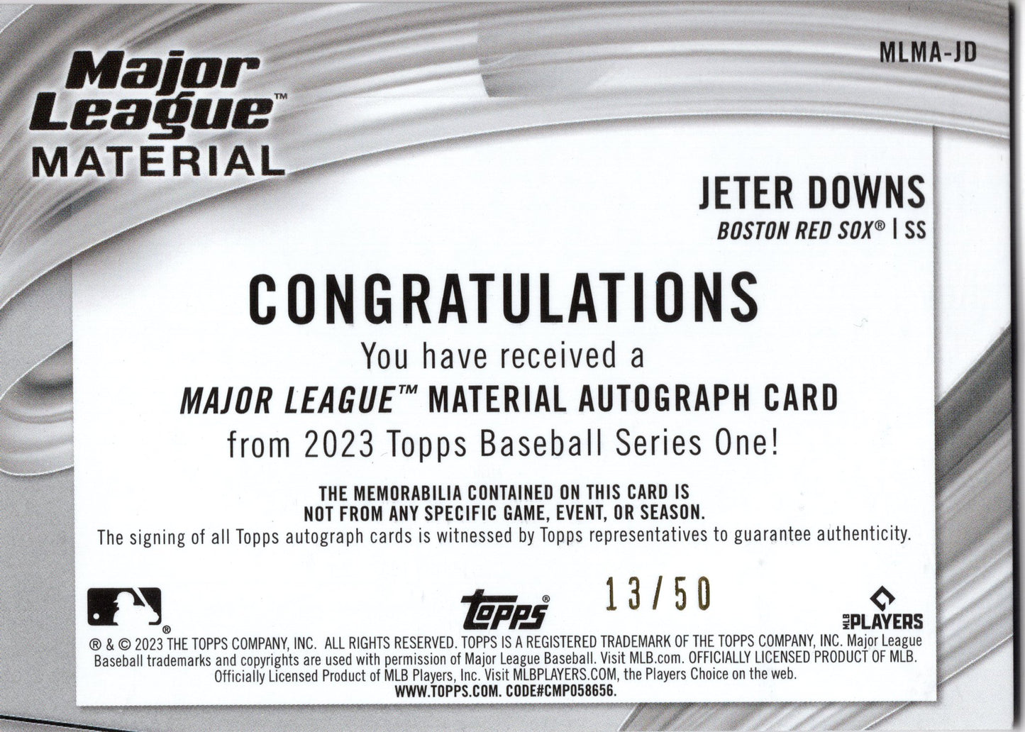 2023 Topps Major League Material Jeter Downs RC Auto 13/50