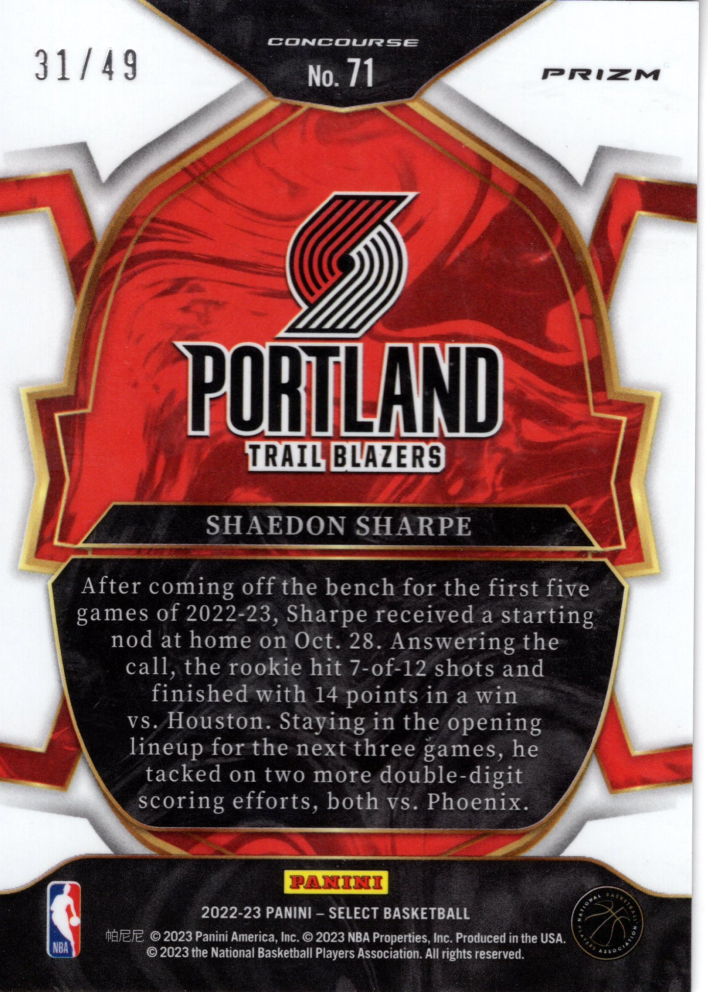 2022-2023 Panini Select Shaedon Sharpe 31/49