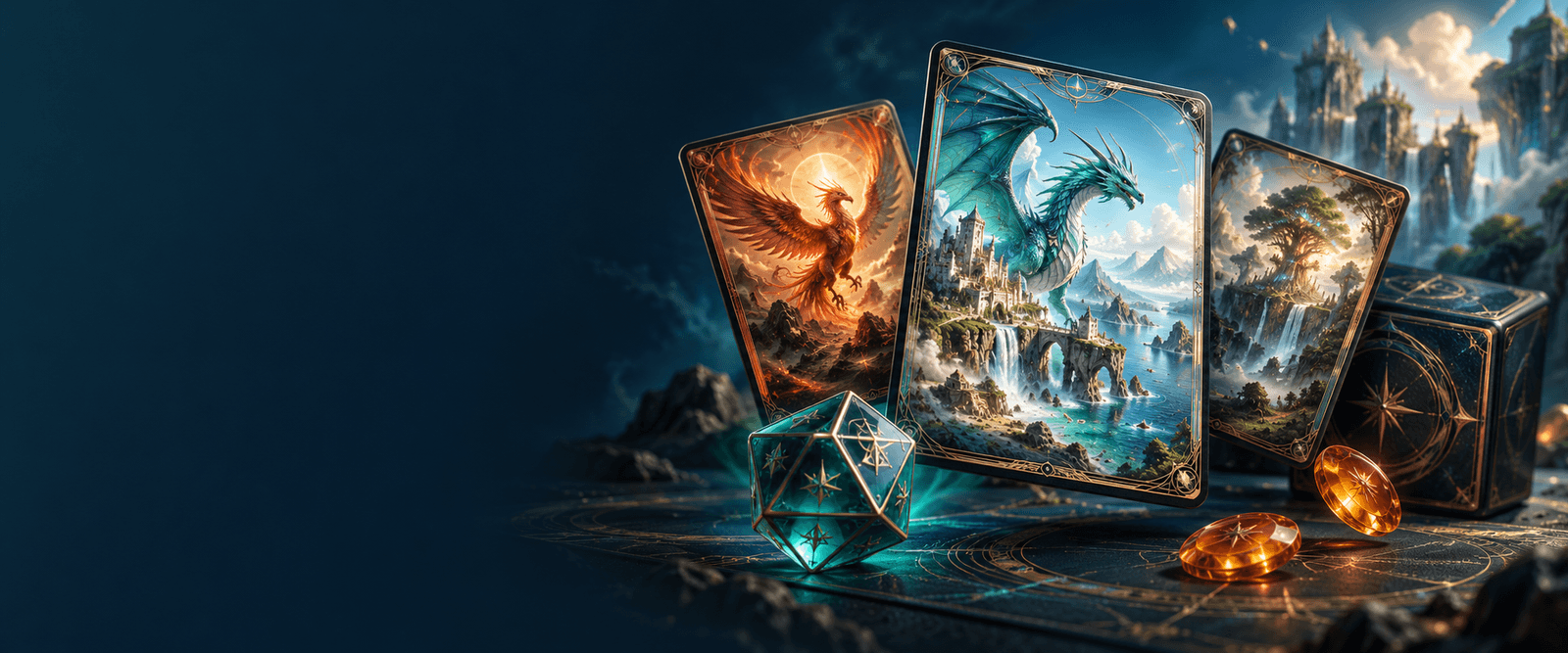 Fantasy trading cards, a teal gaming die and a deck box on a softly lit tabletop