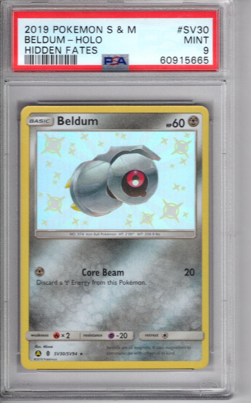 2019 Pokemon Sun & Moon Shiny Beldum Holo Hidden Fates PSA 9