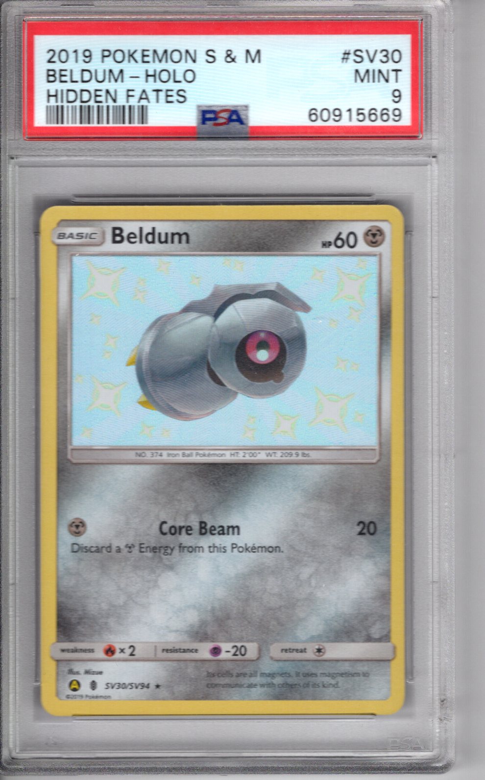 2019 Pokemon Sun & Moon Shiny Beldum Holo Hidden Fates PSA 9